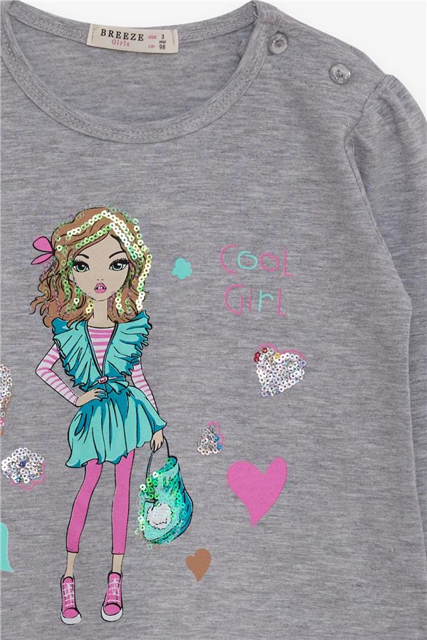 Girls' Long-Sleeve T-Shirt with Cool Girl Print, Grey Melange (1.5-3 Years)