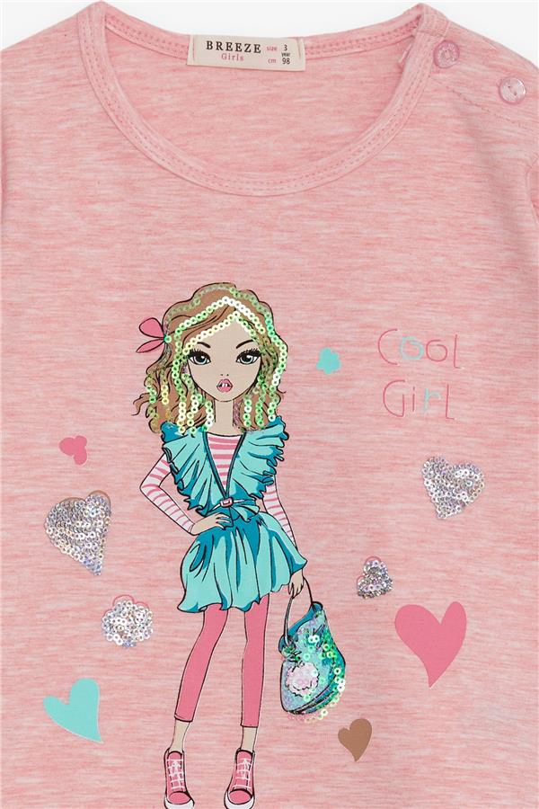 Girls' Long-Sleeve T-Shirt with Cool Girl Print, Salmon Melange (1.5-3 Years)