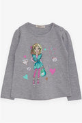 Girls' Long-Sleeve T-Shirt with Cool Girl Print, Grey Melange (1.5-3 Years)
