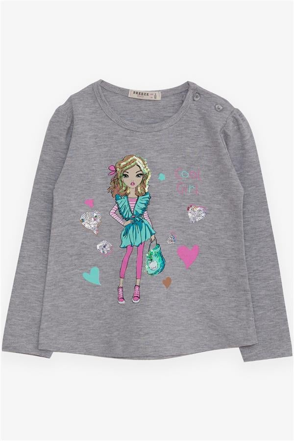 Girls' Long-Sleeve T-Shirt with Cool Girl Print, Grey Melange (1.5-3 Years)