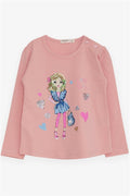 Girls' Long-Sleeve T-Shirt with Cool Girl Print, Salmon Design (1.5-5 Years)