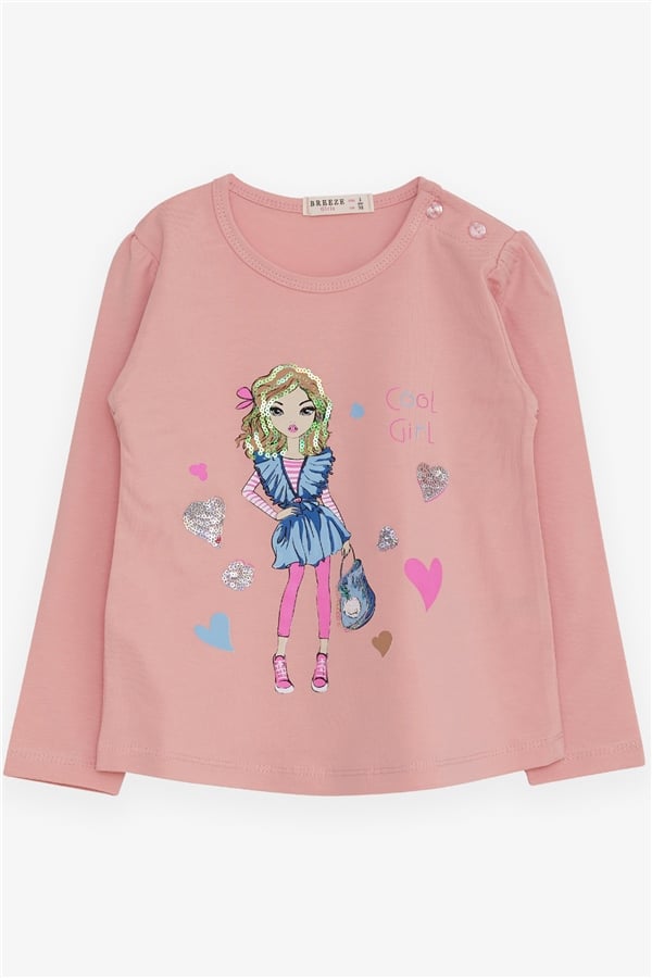 Girls' Long-Sleeve T-Shirt with Cool Girl Print, Salmon Design (1.5-5 Years)