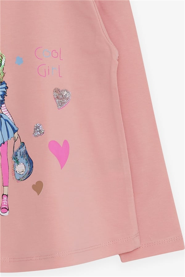 Girls' Long-Sleeve T-Shirt with Cool Girl Print, Salmon Design (1.5-5 Years)