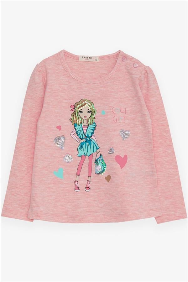 Girls' Long-Sleeve T-Shirt with Cool Girl Print, Salmon Melange (1.5-3 Years)