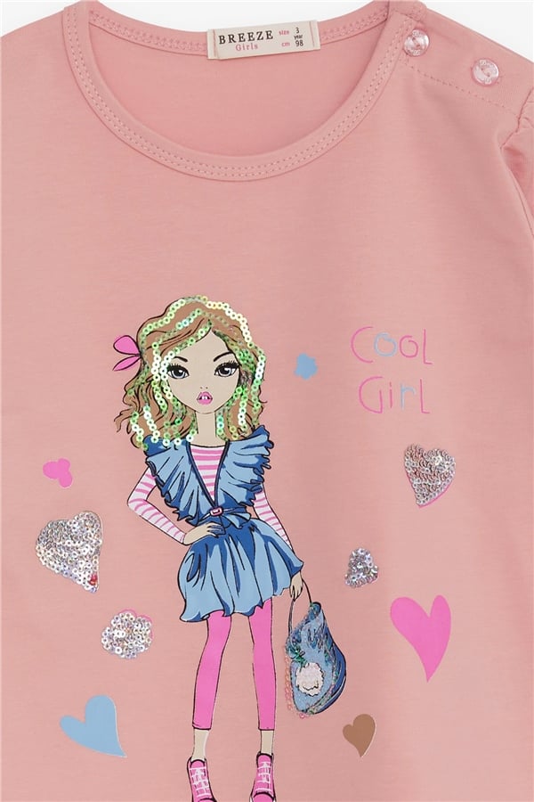 Girls' Long-Sleeve T-Shirt with Cool Girl Print, Salmon Design (1.5-5 Years)