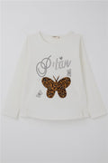 Girls' Long-Sleeve T-Shirt with Leopard Print, Butterfly Emblem, Rhinestone Text Print, Ecru (Ages 6-12)