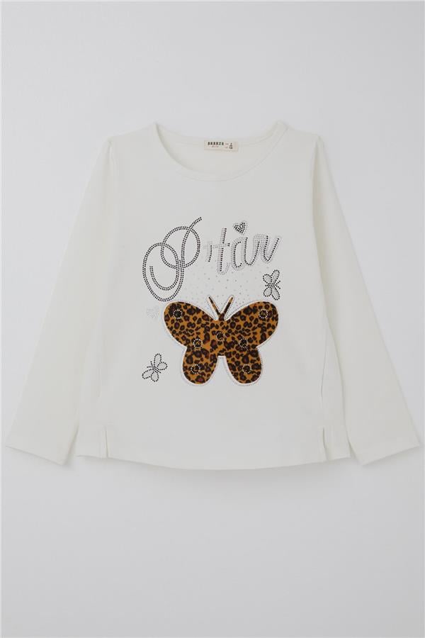 Girls' Long-Sleeve T-Shirt with Leopard Print, Butterfly Emblem, Rhinestone Text Print, Ecru (Ages 6-12)