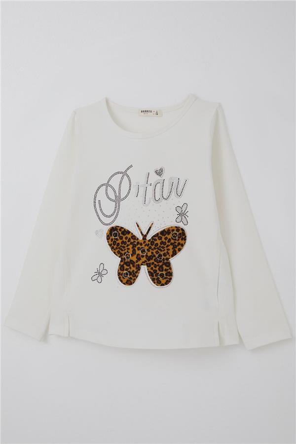 Girls' Long-Sleeve T-Shirt with Leopard Print, Butterfly Emblem, Rhinestone Text Print, Ecru (Ages 6-12)