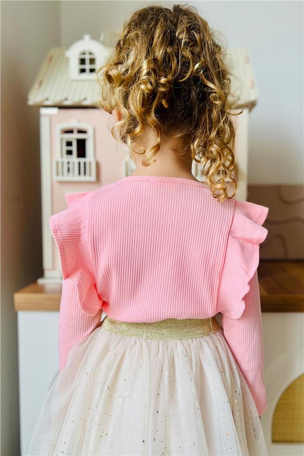 Girls' Long-Sleeve T-Shirt with Shoulder Ruffles, Salmon (Ages 3-6)