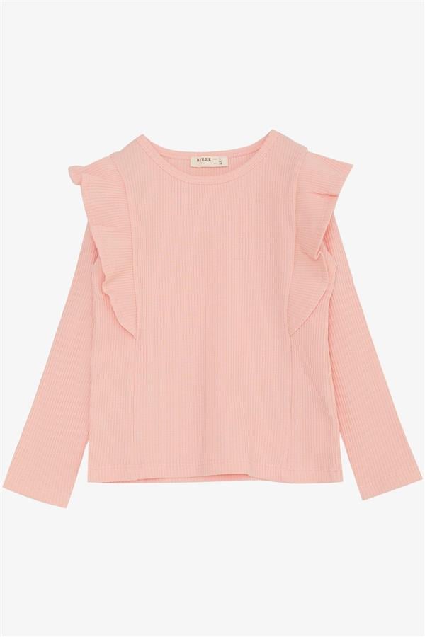 Girls' Long-Sleeve T-Shirt with Shoulder Ruffles, Salmon (Ages 3-6)
