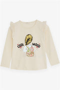 Girls' Long-Sleeved T-Shirt with Lace Shoulder, Cream (Ages 4)