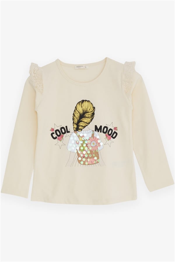 Girls' Long-Sleeved T-Shirt with Lace Shoulder, Cream (Ages 4)