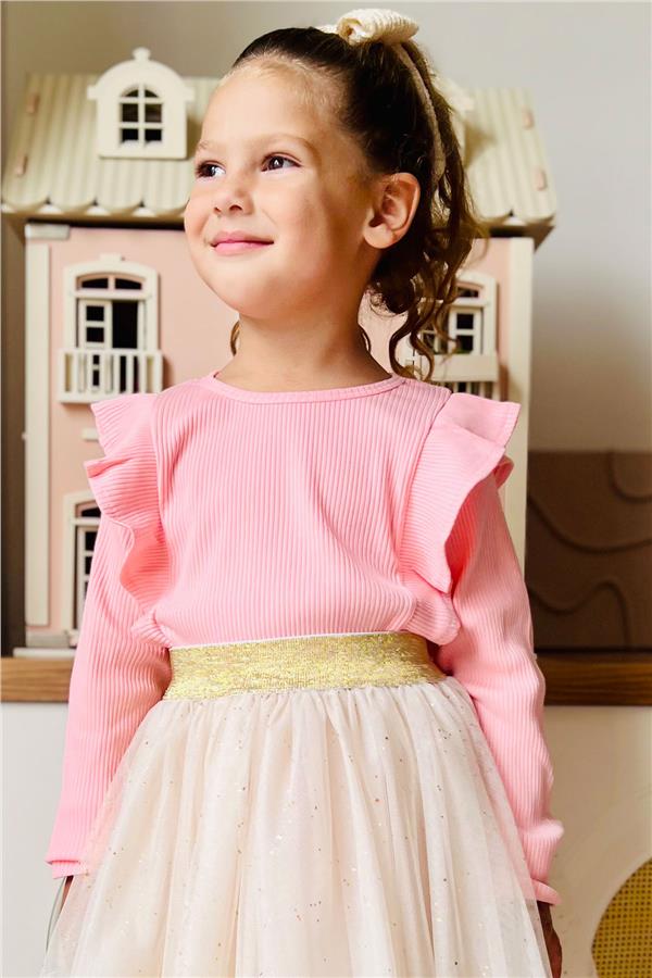 Girls' Long-Sleeve T-Shirt with Shoulder Ruffles, Salmon (Ages 3-6)