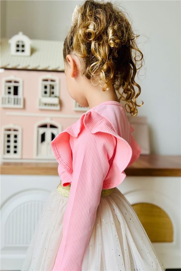 Girls' Long-Sleeve T-Shirt with Shoulder Ruffles, Salmon (Ages 3-6)