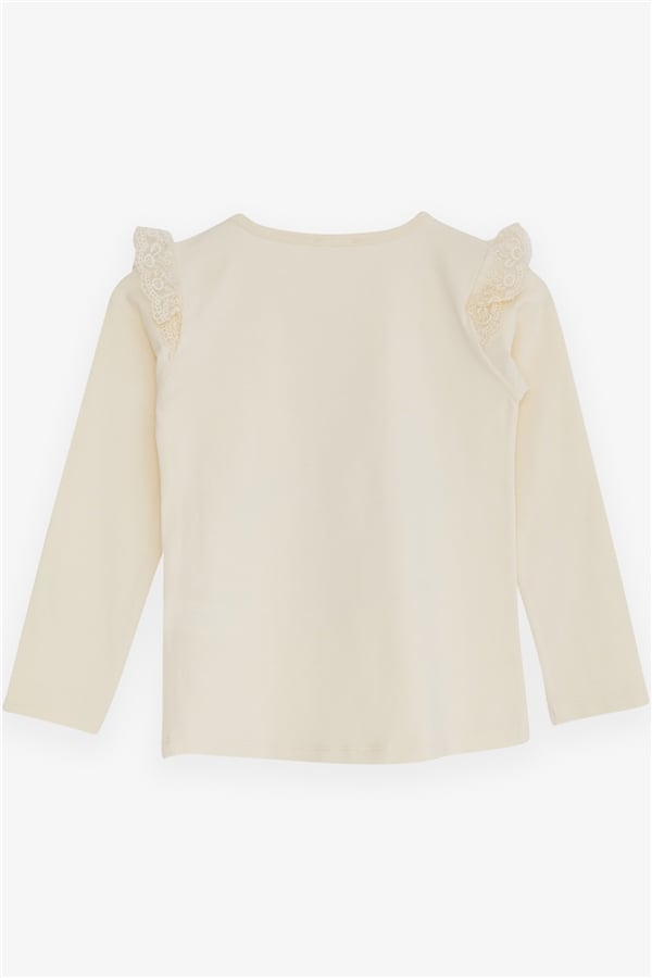 Girls' Long-Sleeved T-Shirt with Lace Shoulder, Cream (Ages 4)