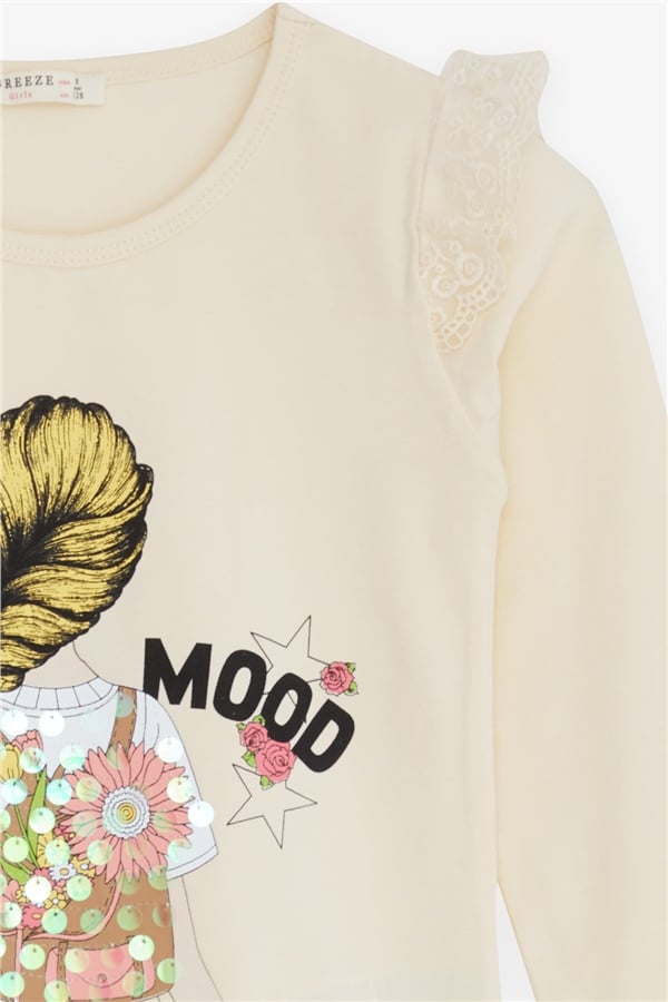 Girls' Long-Sleeved T-Shirt with Lace Shoulder, Cream (Ages 4)