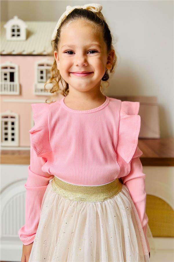 Girls' Long-Sleeve T-Shirt with Shoulder Ruffles, Salmon (Ages 3-6)