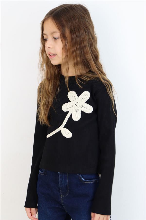 Girls' Long-Sleeve T-Shirt with Knitted Flower Applique, Black (Ages 6-12)