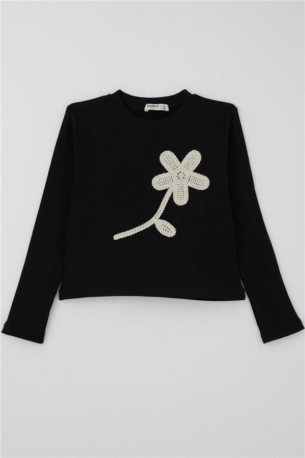 Girls' Long-Sleeve T-Shirt with Knitted Flower Applique, Black (Ages 6-12)