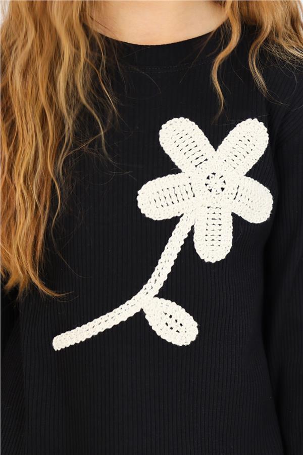 Girls' Long-Sleeve T-Shirt with Knitted Flower Applique, Black (Ages 6-12)