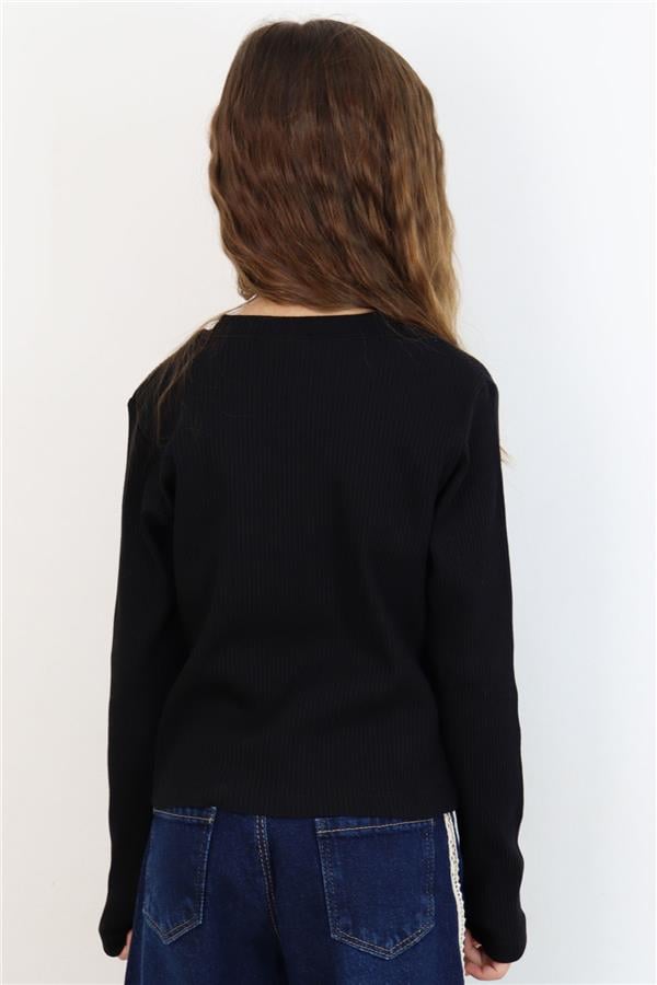 Girls' Long-Sleeve T-Shirt with Knitted Flower Applique, Black (Ages 6-12)