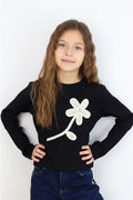 Girls' Long-Sleeve T-Shirt with Knitted Flower Applique, Black (Ages 6-12)