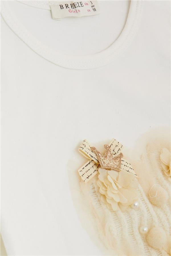 Baby Girl Long-Sleeve T-Shirt with Pom-Pom and Pearl Embellishments, Off-White (1-1.5 Years)