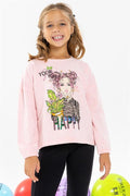 Girls' Long-Sleeve T-Shirt with Portrait Girl Print, Salmon Melange (Ages 10-14)