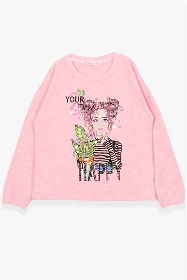 Girls' Long-Sleeve T-Shirt with Portrait Girl Print, Salmon Melange (Ages 10-14)