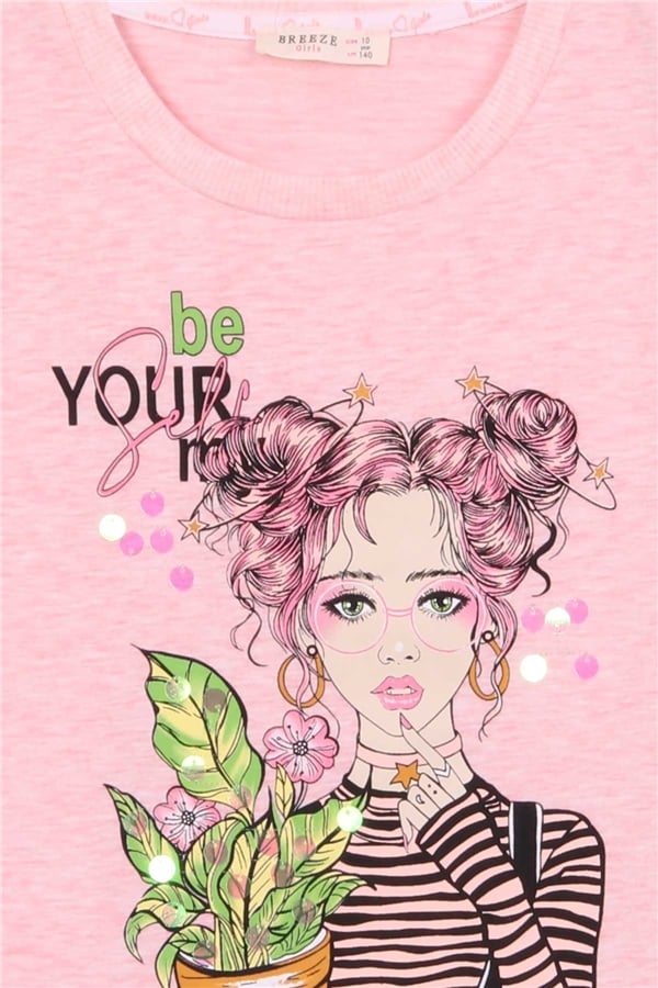 Girls' Long-Sleeve T-Shirt with Portrait Girl Print, Salmon Melange (Ages 10-14)
