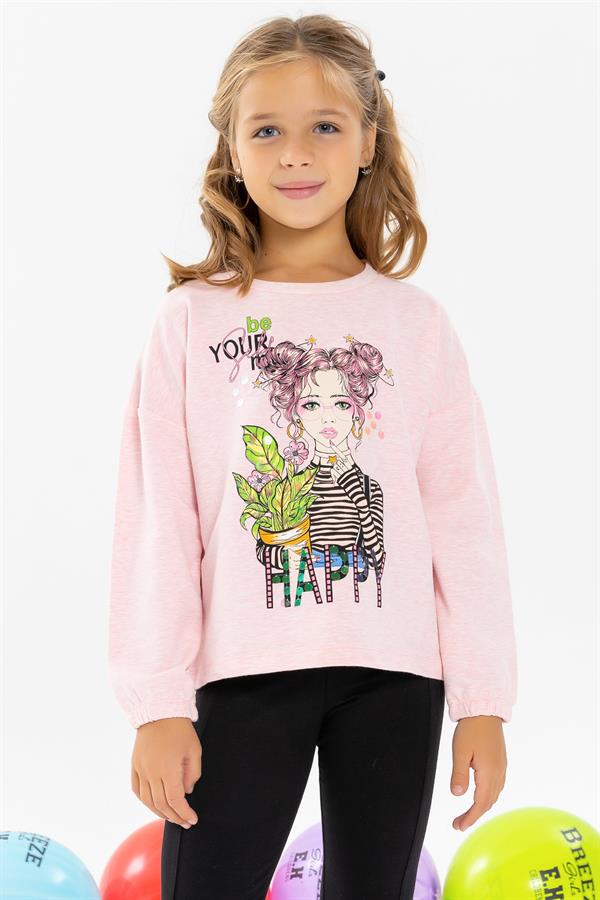 Girls' Long-Sleeve T-Shirt with Portrait Girl Print, Salmon Melange (Ages 10-14)