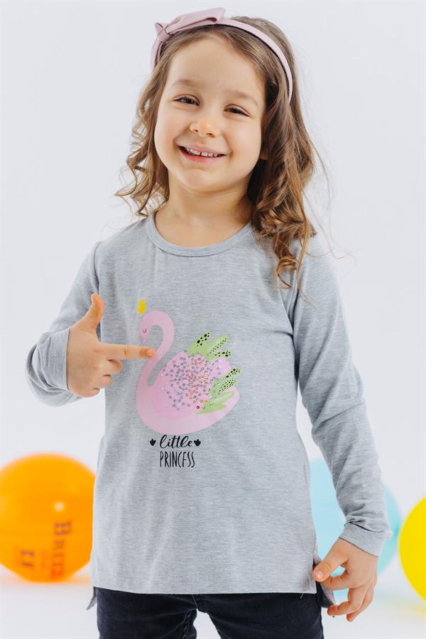 Girls' Long-Sleeve T-Shirt Princess Swan Print Sequined Grey Melange (Ages 2-6)