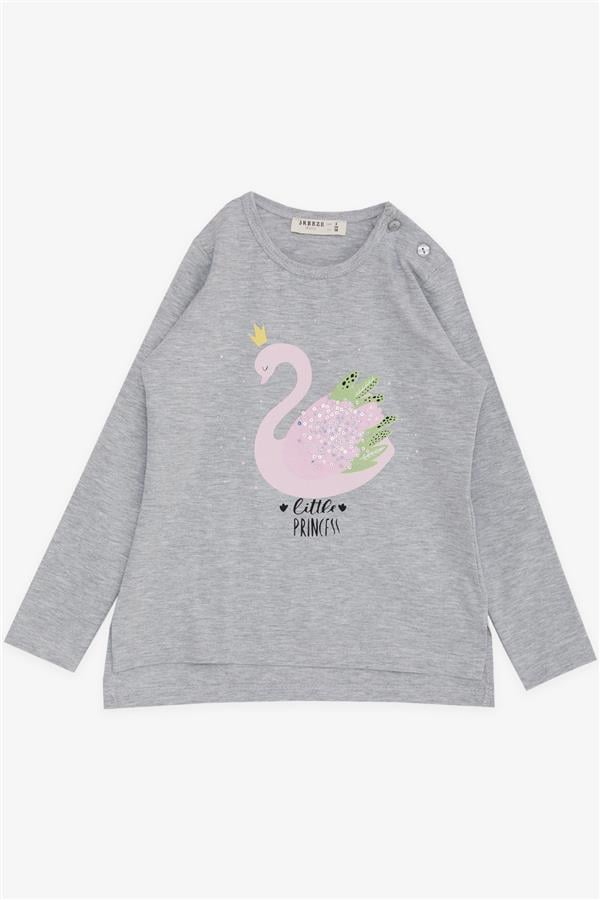 Girls' Long-Sleeve T-Shirt Princess Swan Print Sequined Grey Melange (Ages 2-6)