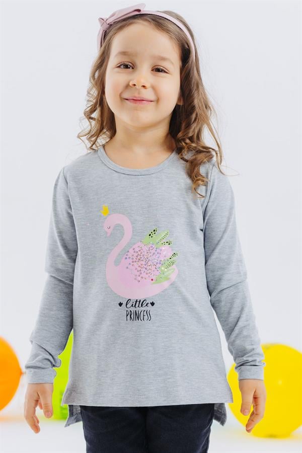 Girls' Long-Sleeve T-Shirt Princess Swan Print Sequined Grey Melange (Ages 2-6)