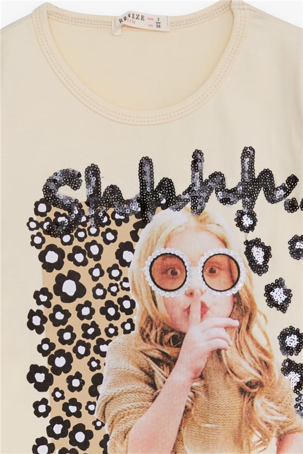 Girls' Long-Sleeved T-Shirt with Sequin Girl Print, Cream (Ages 3-5)
