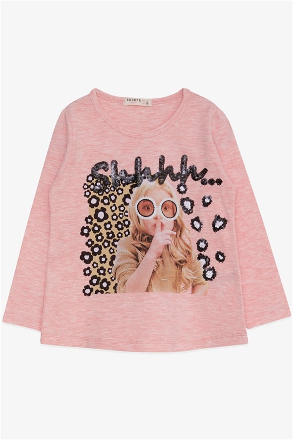 Girls' Long-Sleeve T-Shirt with Sequin Girl Print, Salmon Melange (Ages 3-8)