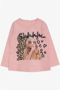 Girls' Long-Sleeve T-Shirt with Sequin Girl Print, Salmon Melange (Ages 3-8)