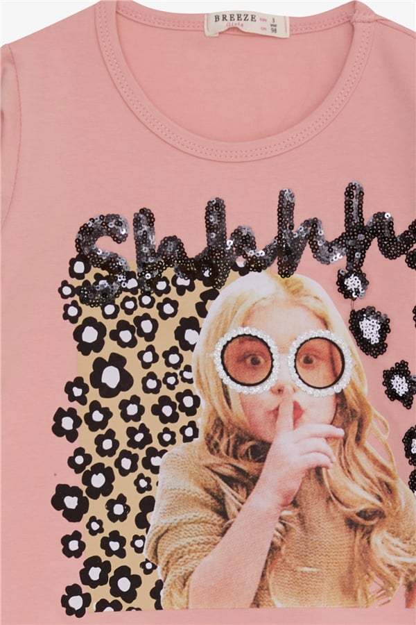 Girls' Long-Sleeve T-Shirt with Sequin Girl Print, Salmon (Ages 3-8)