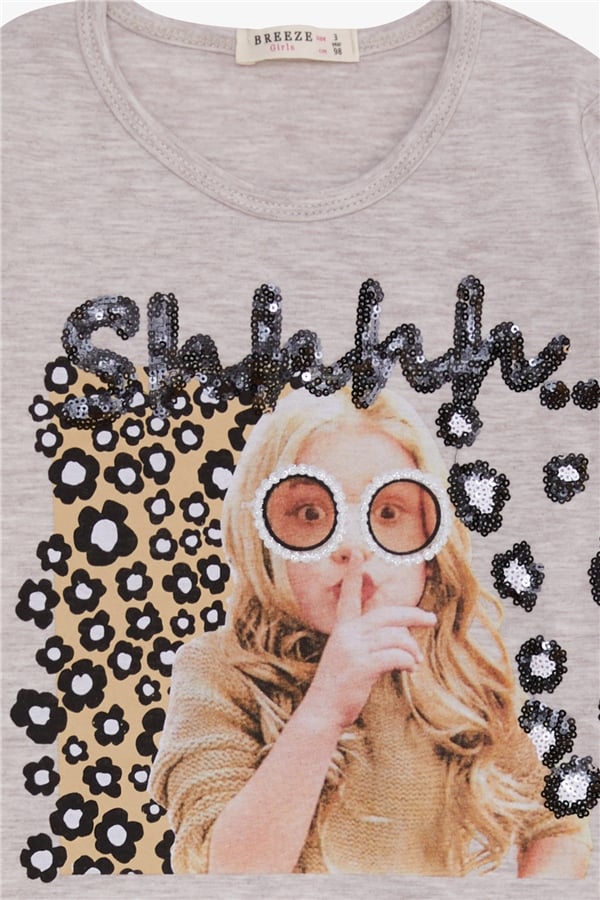 Girls' Long-Sleeve T-Shirt with Sequin Girl Print, Beige Melange (Ages 3-8)