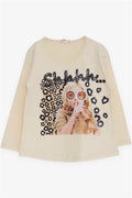 Girls' Long-Sleeved T-Shirt with Sequin Girl Print, Cream (Ages 3-5)