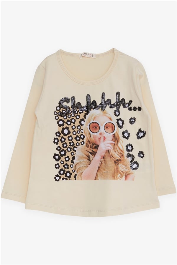 Girls' Long-Sleeved T-Shirt with Sequin Girl Print, Cream (Ages 3-5)