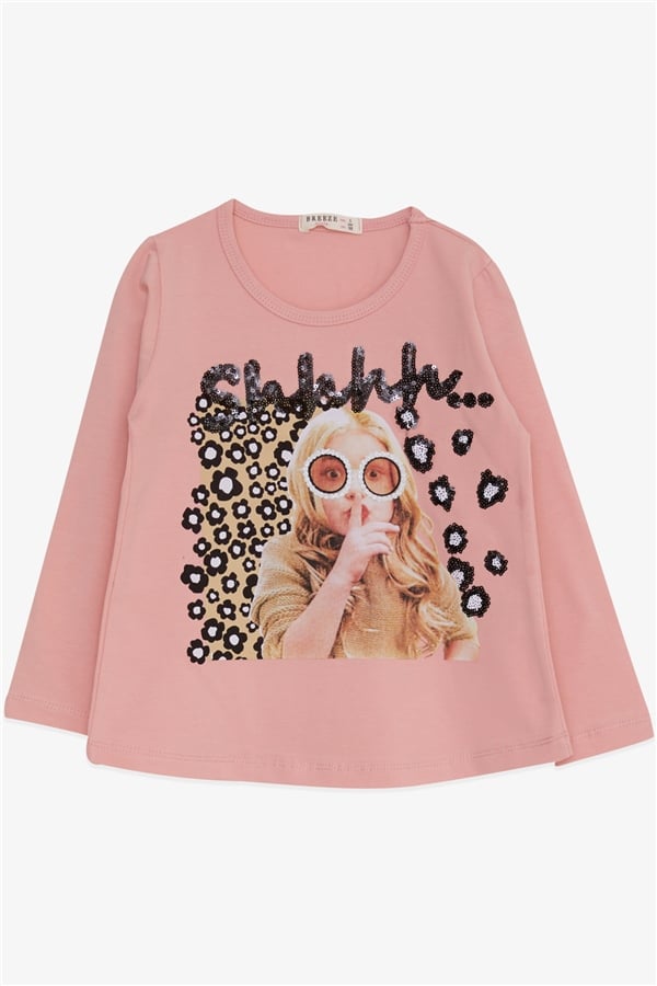 Girls' Long-Sleeve T-Shirt with Sequin Girl Print, Salmon (Ages 3-8)