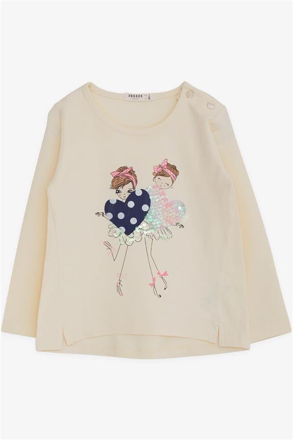 Girls' Long-Sleeved T-Shirt with Sequin Girl Print, Cream (Ages 2-3)