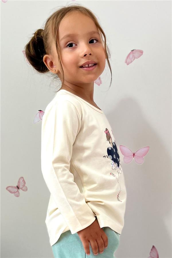 Girls' Long-Sleeved T-Shirt with Sequin Girl Print, Cream (Ages 2-3)