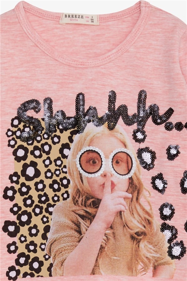Girls' Long-Sleeve T-Shirt with Sequin Girl Print, Salmon Melange (Ages 3-8)