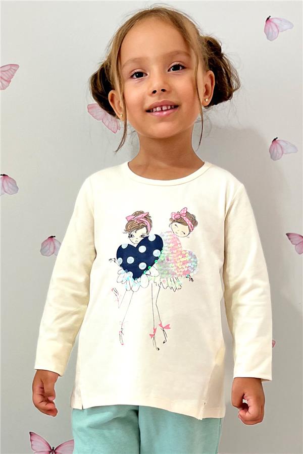 Girls' Long-Sleeved T-Shirt with Sequin Girl Print, Cream (Ages 2-3)