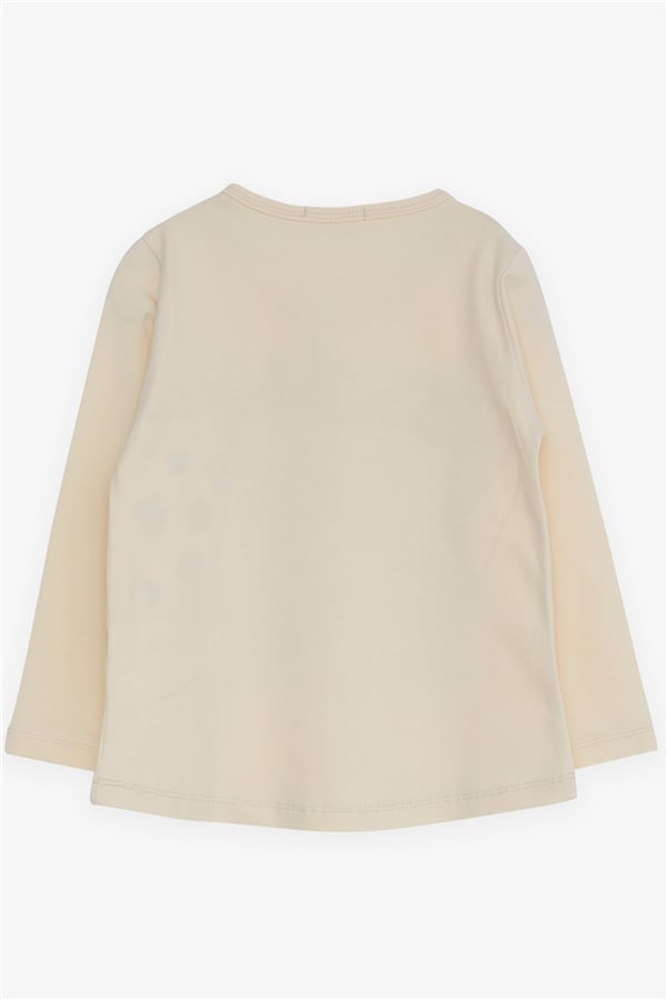 Girls' Long-Sleeved T-Shirt with Sequin Girl Print, Cream (Ages 3-5)