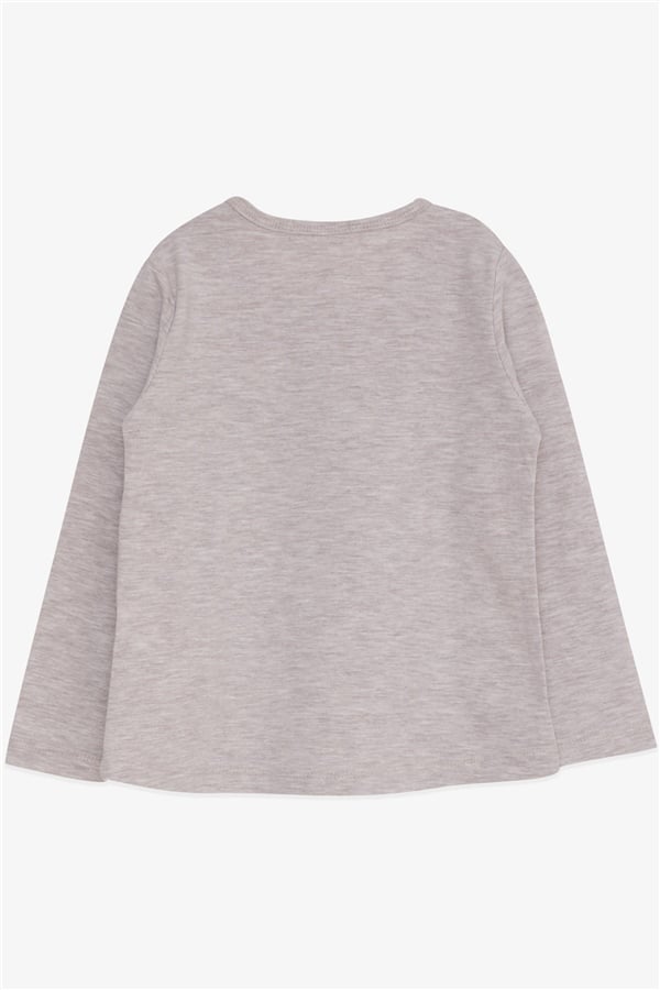 Girls' Long-Sleeve T-Shirt with Sequin Girl Print, Beige Melange (Ages 3-8)