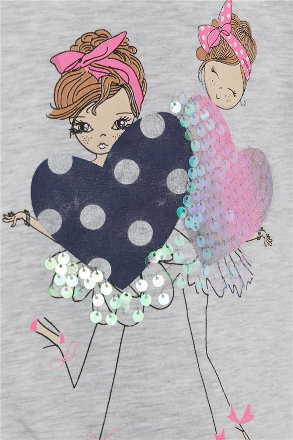 Girls' Long-Sleeve T-Shirt with Sequin Girl Print, Light Grey Melange (2-3 Years)