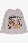 Girls' Long-Sleeve T-Shirt with Sequin Girl Print, Beige Melange (Ages 3-8)